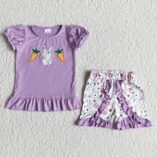 girl easter purple bunny emboridery short sleeve set