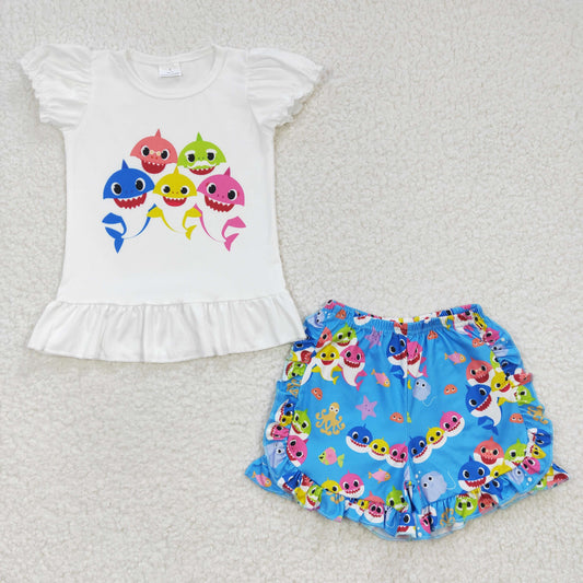 A13-11 Shark White Puff Sleeve Blue Lace Shorts