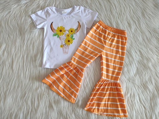 Sunflower cow Toddler girl yellow striped bell bottom trouser outfit