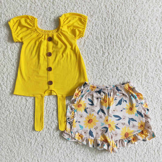 GSSO0035 Summer Girls Yellow Top Floral Shorts Outfit