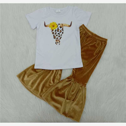 Sunflower bull head baby girl western clothes yellow velvet trousers 2 pc sets