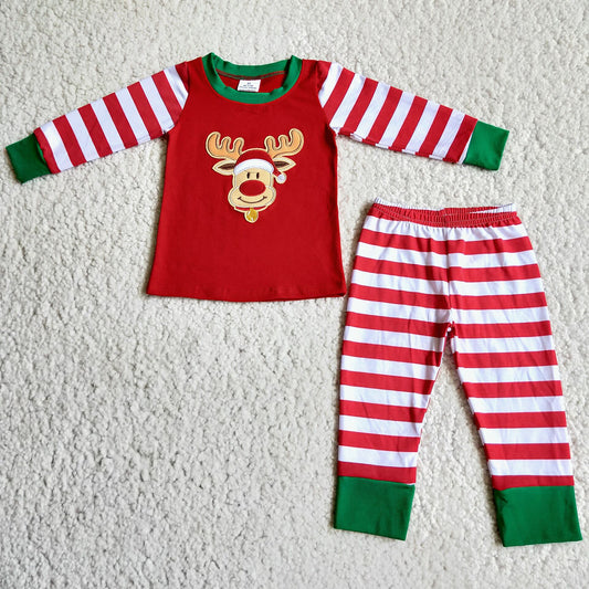 6 B2-22  Boys Embroidered Deer Christmas Stripe Pajamas