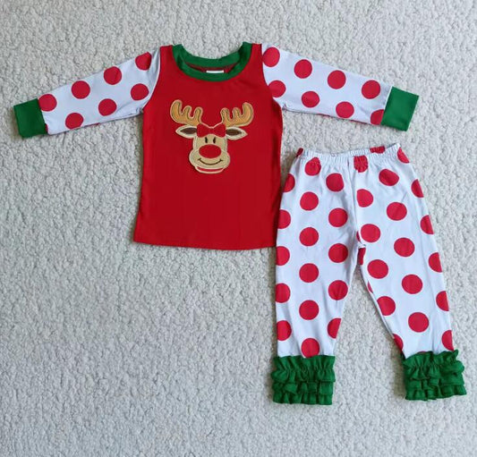 6 B4-18 Girls Embroidered Deer Christmas Dot Pajamas