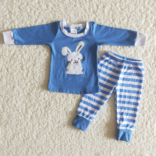 6 B13-27 Boy Embroidered Bunny Blue  Striped Pajamas