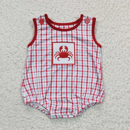 SR0157Boys Embroidered Crab Red Plaid Vest Onesie