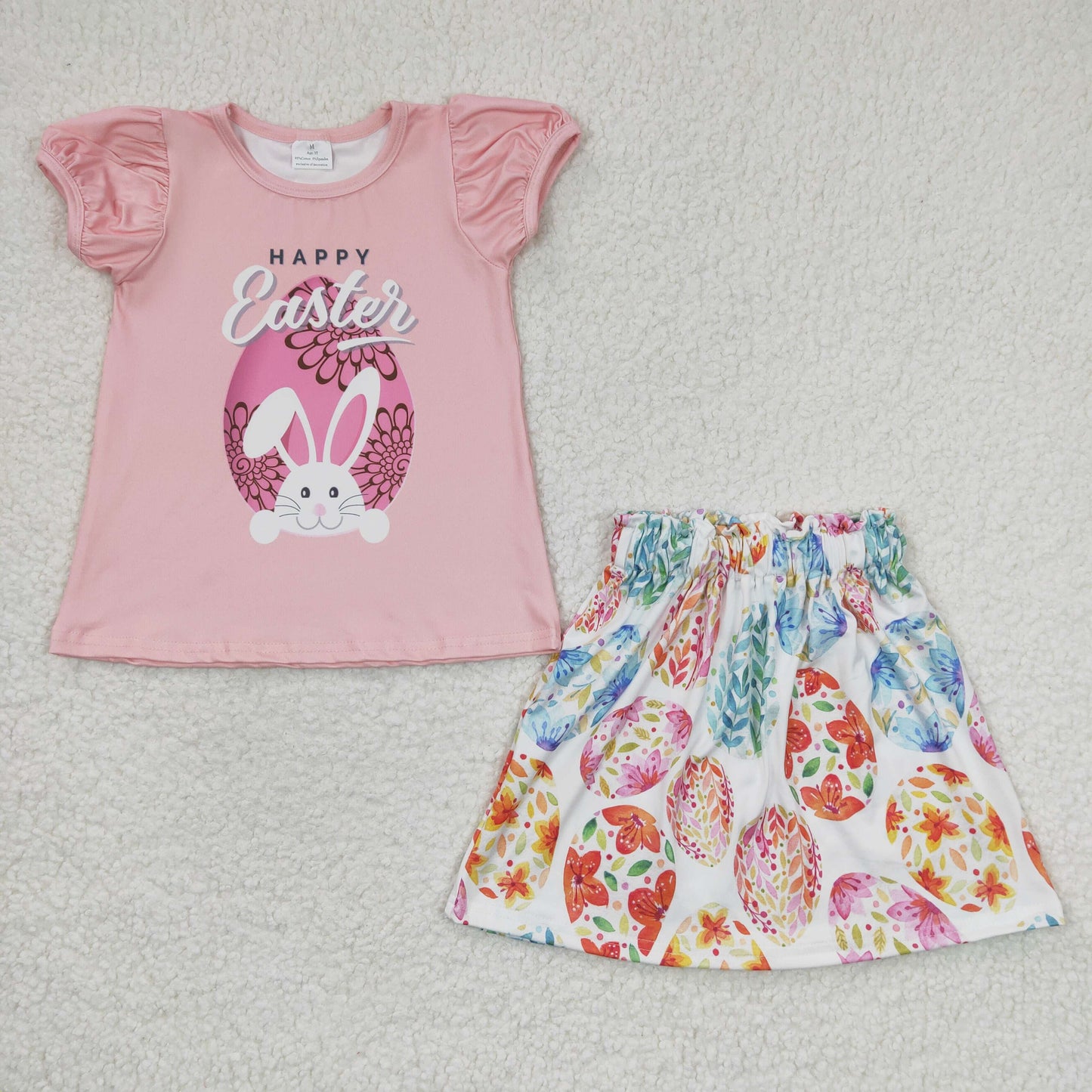 GSSO0167 Girls Easter Bunny Egg Pink Short Sleeve Shorts Set