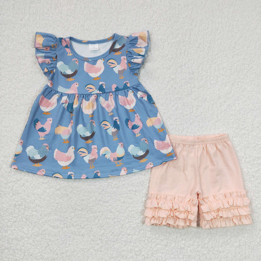 GSS00168 Girls Color Rooster Blue Flying Sleeves Pink Shorts Set