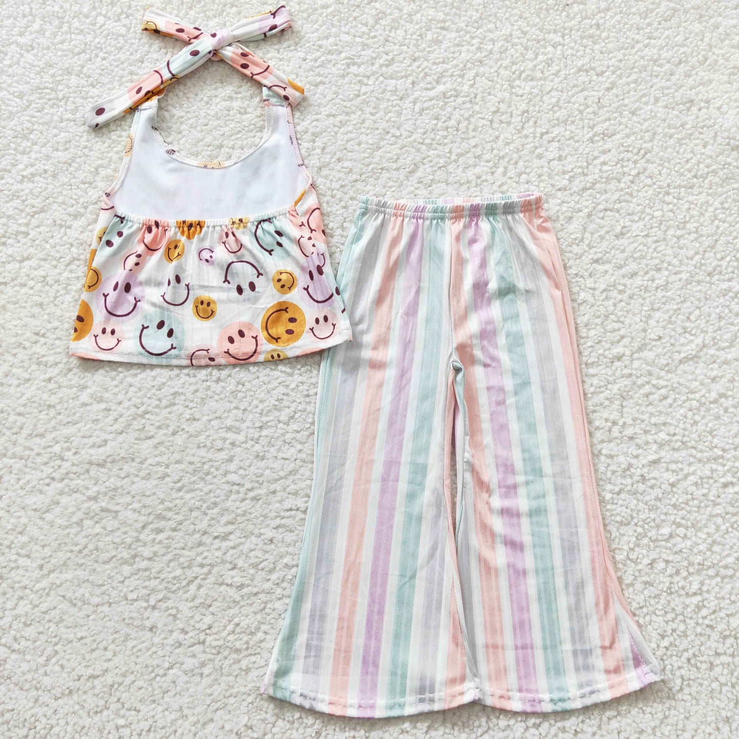 GSPO0580 Girls Smiley Halter Neck Colorful Striped Trousers Set