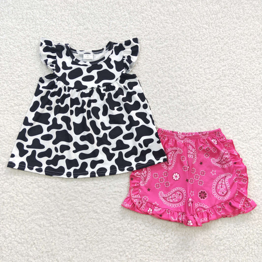 GSSO0300 Girls Cow Pattern Flying Sleeve Rose Red Shorts Set