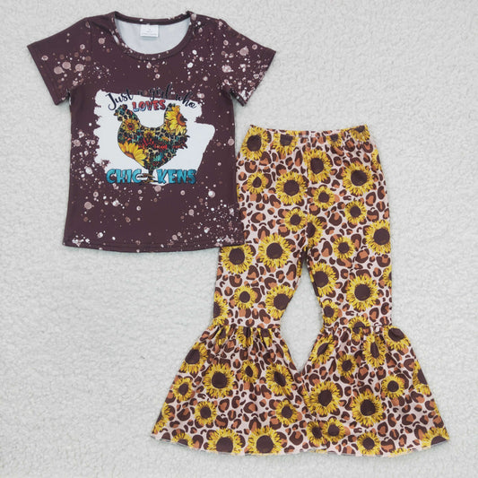 GSPO0370Girls CHICKENS Rooster Sunflower Short Sleeve Pants Set