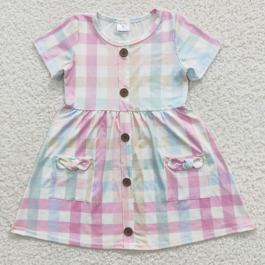 GSD0296 Girls Color Striped Plaid Short Sleeve Dress