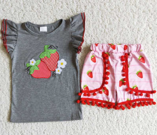 D8-27 Embroidered Strawberry Puff Pants Summer Sets