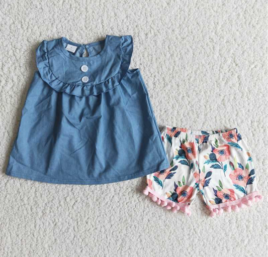 A8-4 denim top flower shorts girls sets