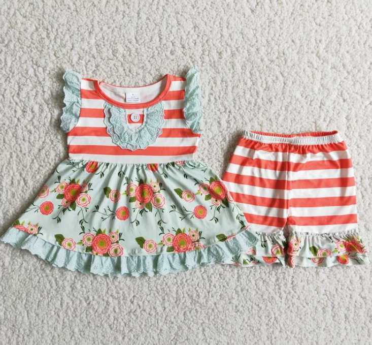A17-3 Orange Striped Flower Shorts Sets
