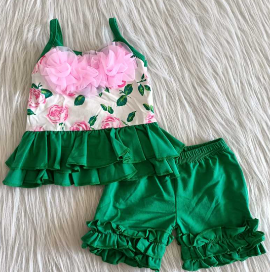 C8-9-1 suspenders flower green shorts sets
