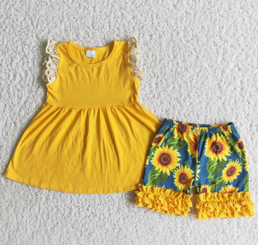 A11-13 Yellow Lace Top Sunflower Shorts Set