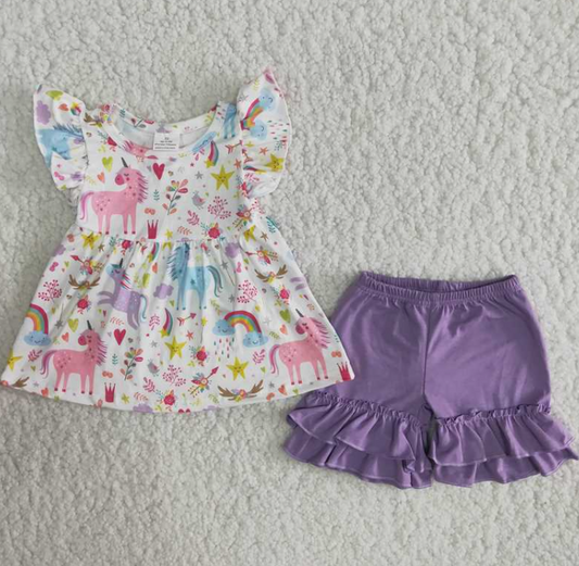 C10-3 Rainbow Unicorn Purple Shorts Sets