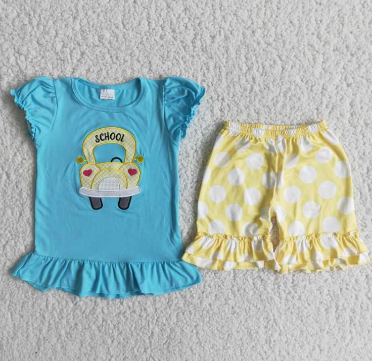 D12-26 Embroidered School Bus Girls Shorts Set