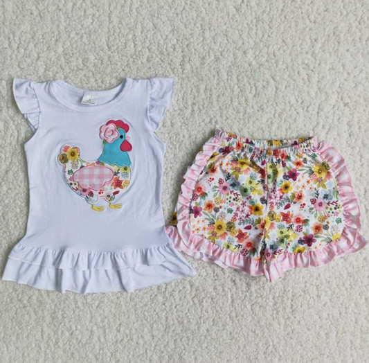 A16-10 Embroidered Chicken with Flower Shorts Girls Summer Clothes