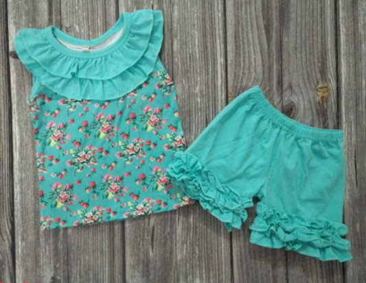 C11-1-1 floral girl ruffle top shorts set