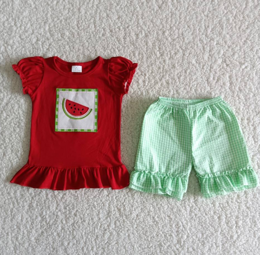 A14-15 Embroidered Watermelon Green Seersucker Shorts Set