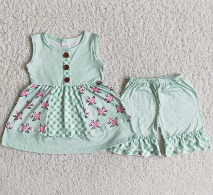 A8-16 Green Sleeveless Flower Girls Shorts Sets
