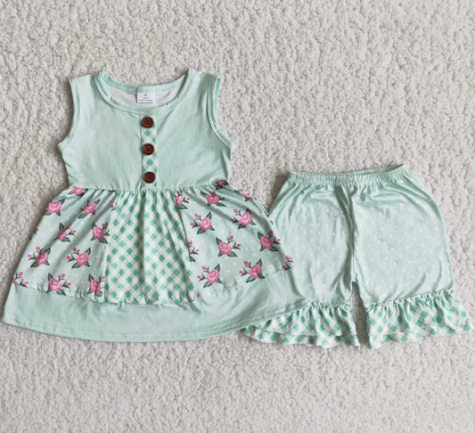 A8-16 Green Sleeveless Flower Girls Shorts Sets