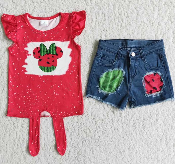 Cartoon Watermelon Girl Denim Shorts Sets