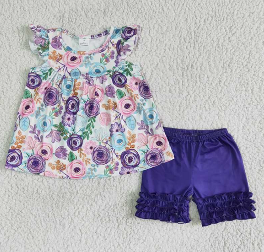 B17-27 Purple Flower Shorts Sets