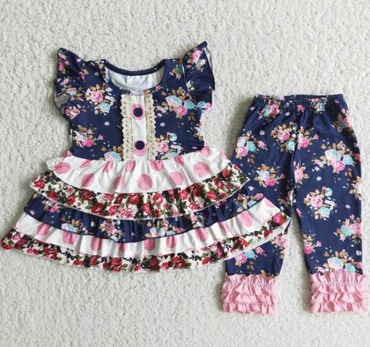A13-15 navy multi-layer lace ruffle pants girl outfits