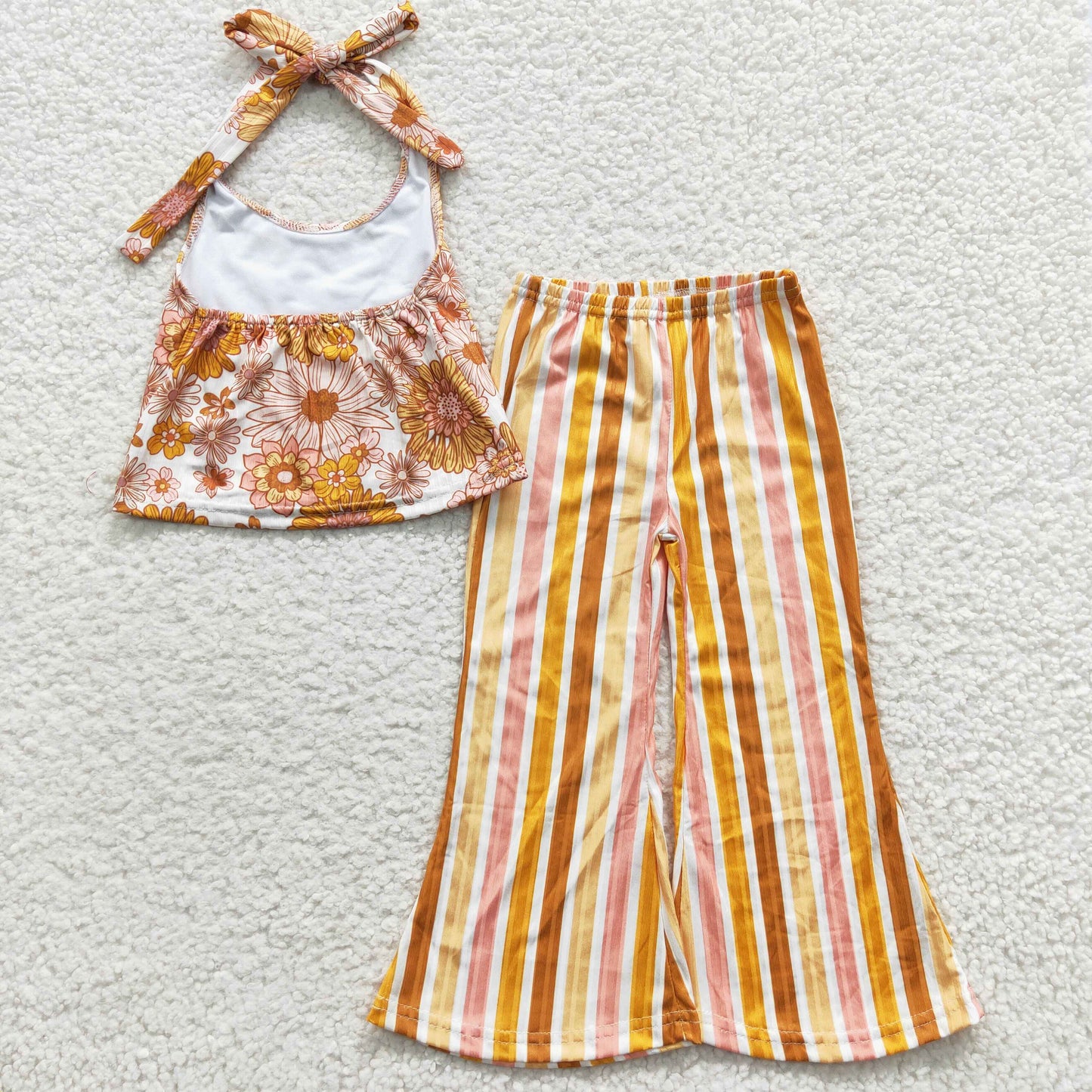 GSPO0579 Girls Orange Floral Halter Neck Colorful Stripe Trouser Set
