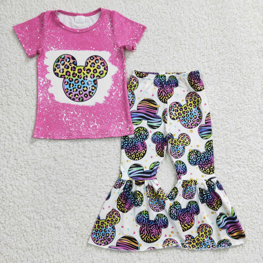 GSP00455 Girls Color Leopard Print Mickey Head Rose Red Short-sleeved Trousers Suit