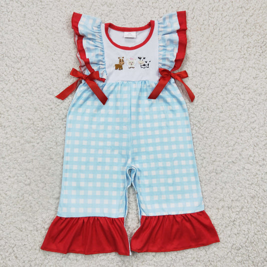SR0179Girls embroidered cow, horse and sheep blue jumpsuit with flying sleeves