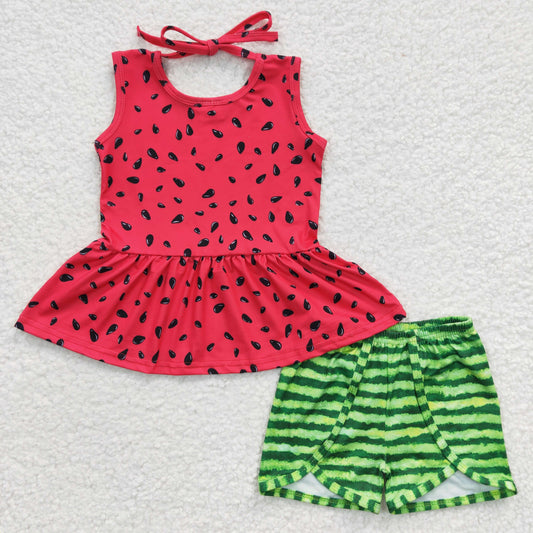 GSS00192 Girls Watermelon Red Sleeveless Green Shorts Set