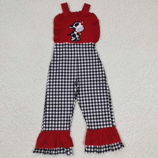 SR0165 Girls Embroidered Cow Red Suspenders Jumpsuit