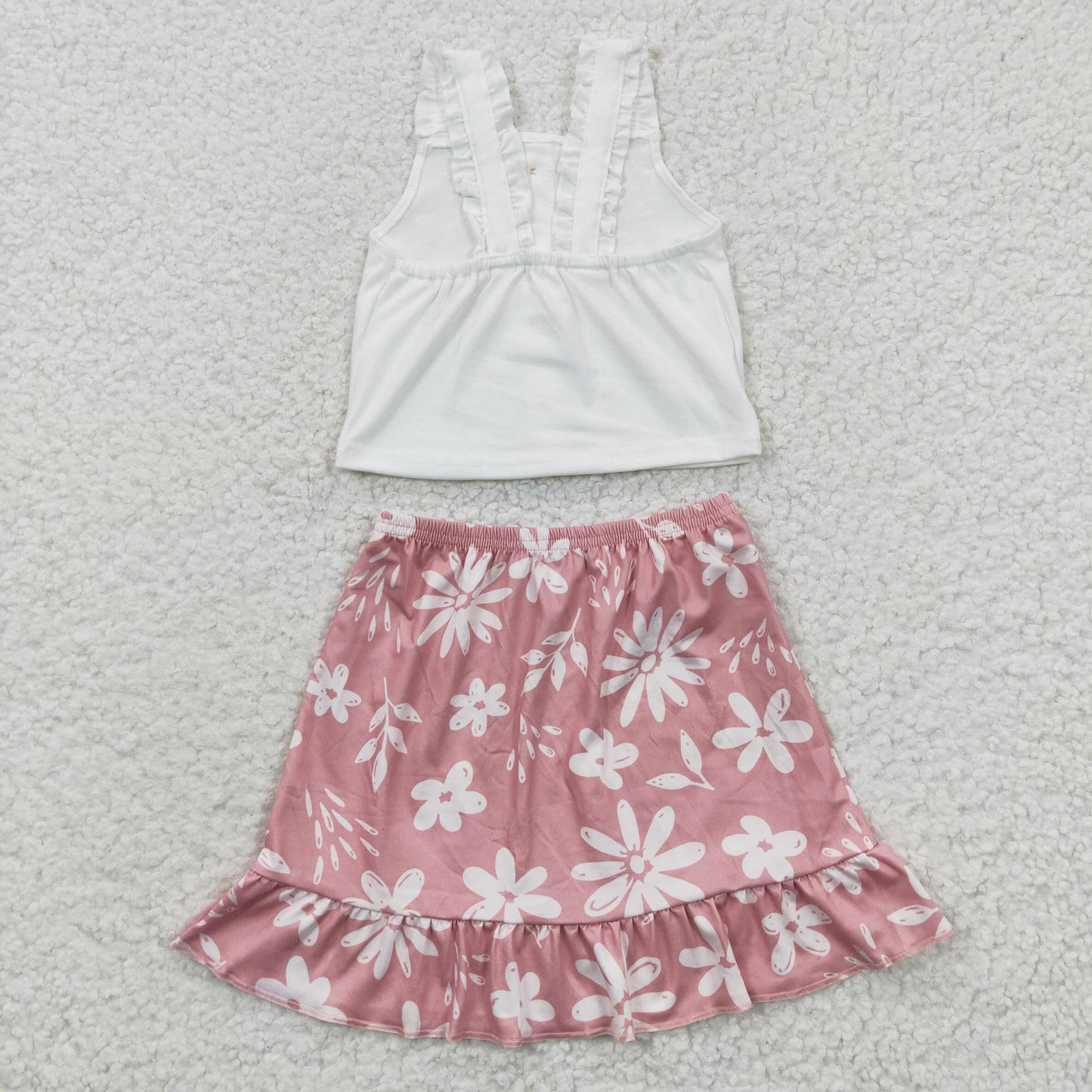 GSD0270 Girls White Vest Floral Pink Skirt Set